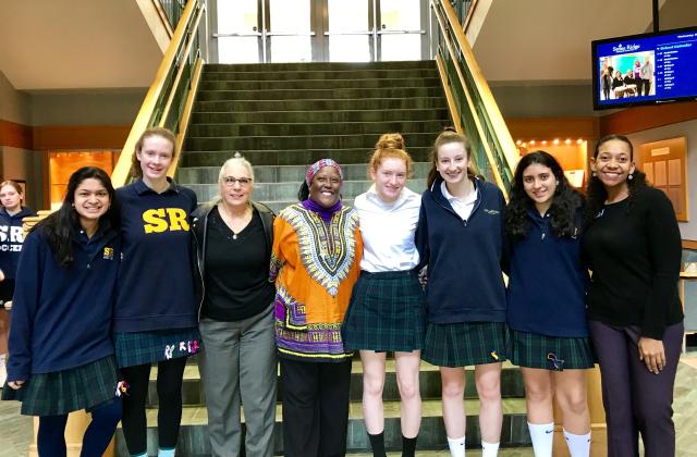 Left to right: Hannah Joseph ('19); Ele Grenfell ('19); Miss Paula Macchello; Irma Dillard, RSCJ; Claire Nickerson ('21); Kayla Kinkaid ('20); Sofia Morra ('21); and Miss Lauren Brownlee. The students are members of the Social Action Student Advisory Board.